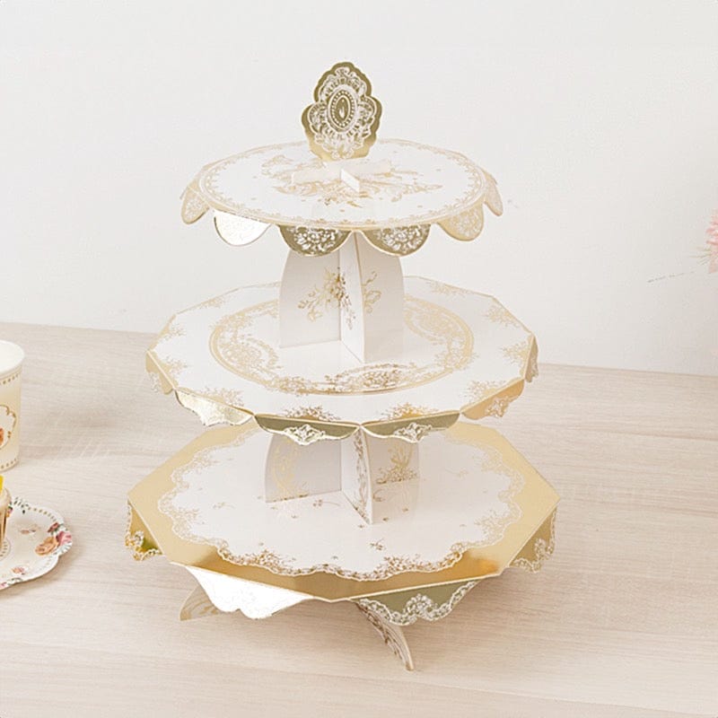 2 Pack 15 in Round 3-Tier White and Gold Cupcake Stands with Vintage Floral Pattern