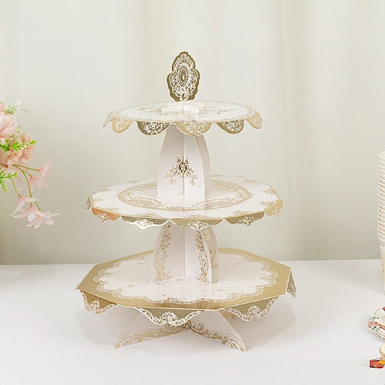 2 Pack 15 in Round 3-Tier White and Gold Cupcake Stands with Vintage Floral Pattern