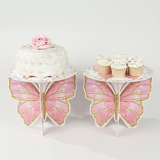2 White and Pink Glitter Butterfly Cupcake Dessert Display Stands