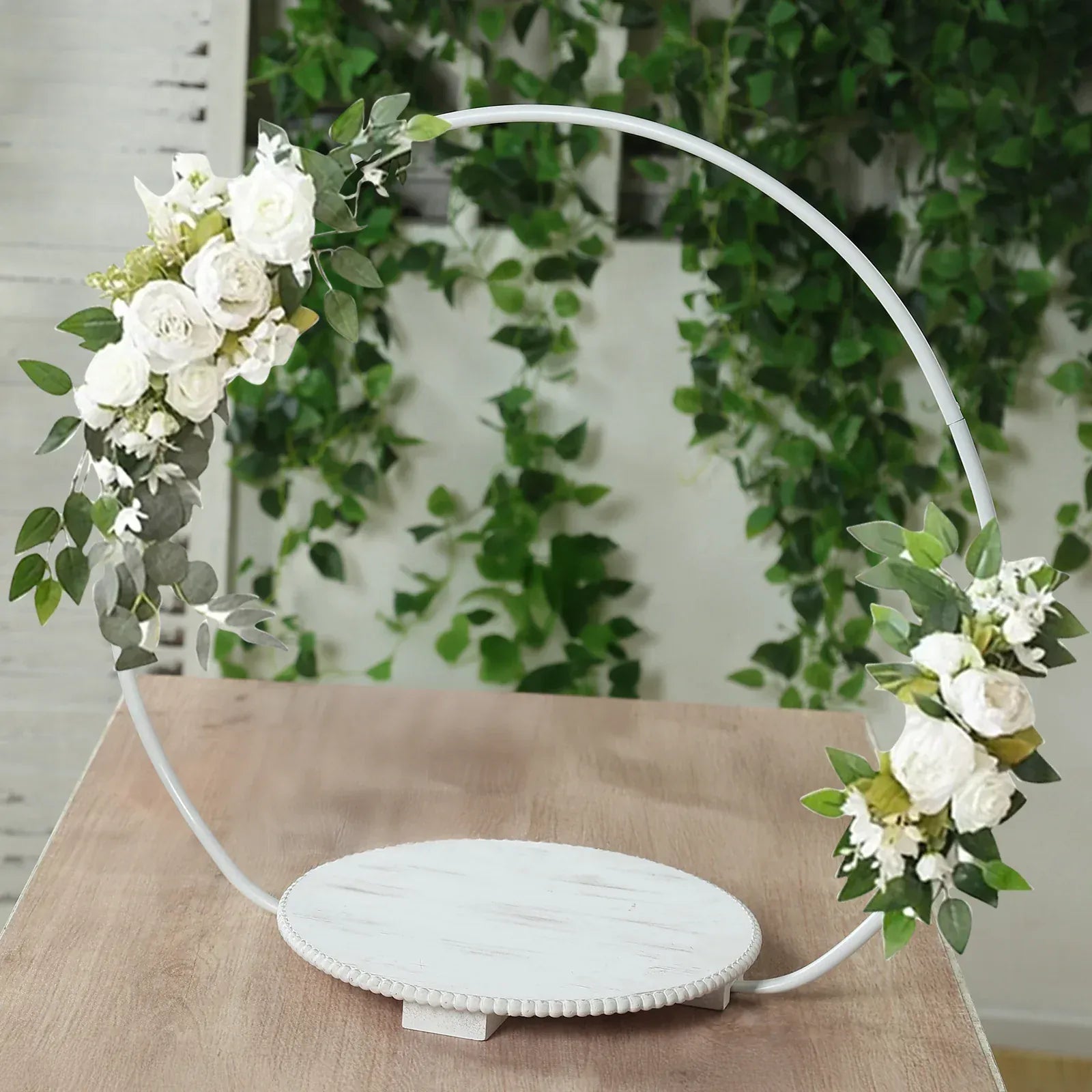 22 in Whitewash Round Metal Hoop Cake Stand with Beaded Wooden Base