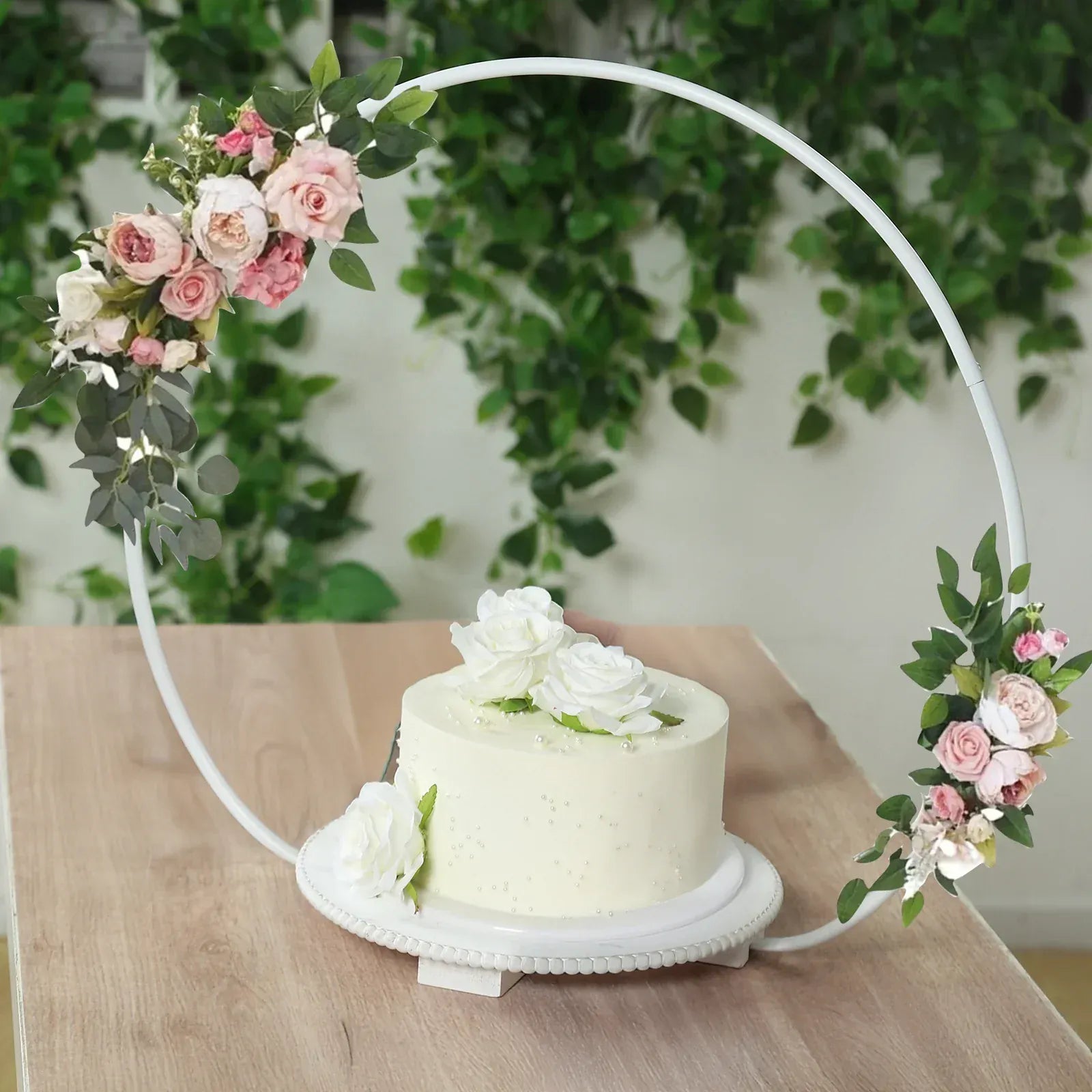 22 in Whitewash Round Metal Hoop Cake Stand with Beaded Wooden Base