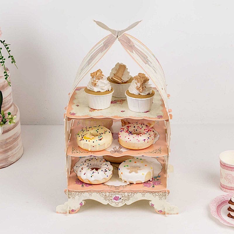3 Tier White and Peach Birdcage Cardboard Cupcake Stand with Floral Print