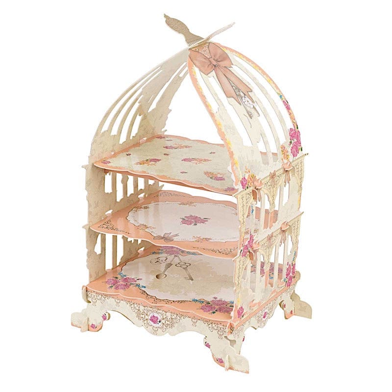 3 Tier White and Peach Birdcage Cardboard Cupcake Stand with Floral Print