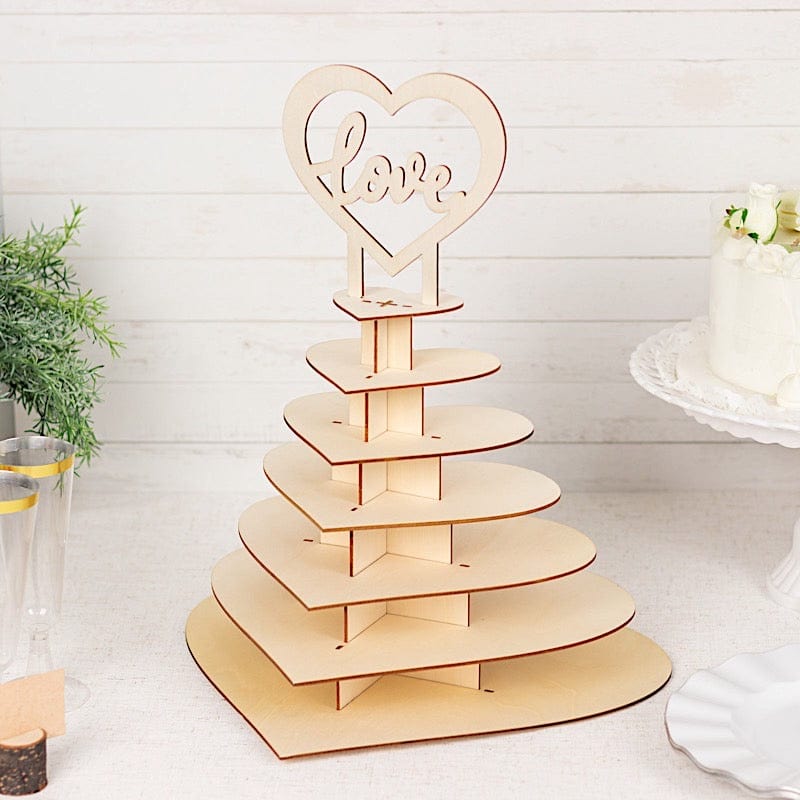 16 in Natural 7 Layer Wooden Heart Dessert Stand with Love Topper