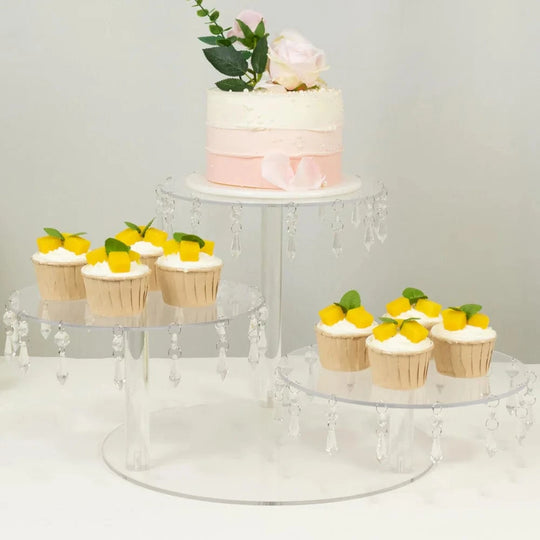 Clear 3 Tier Round Acrylic Cake Stand Cupcake Pedestal with Crystal Pendants