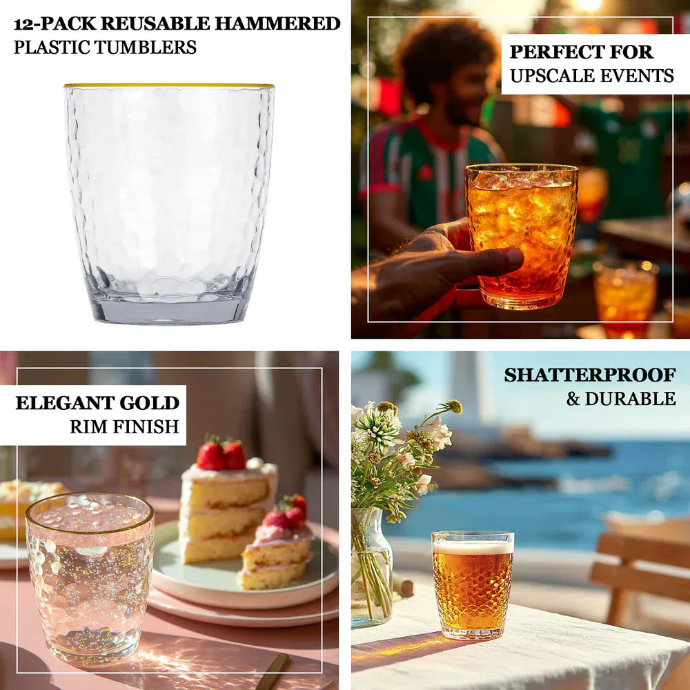12 Clear 14 oz Plastic Shatterproof Tumblers with Gold Rim