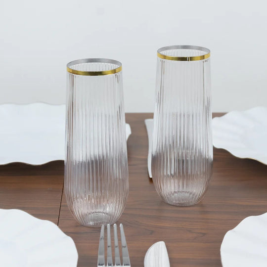 12 Clear 9 oz Disposable Plastic Champagne Stemless Flutes with Gold Rim