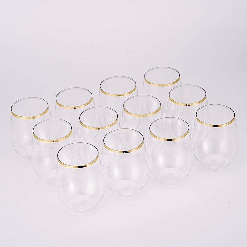 12 Gold Rim 14 oz Disposable Plastic Stemless Wine Glasses