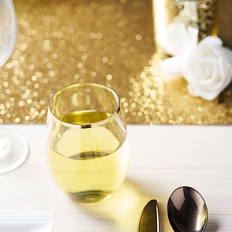 12 Gold Rim 14 oz Disposable Plastic Stemless Wine Glasses