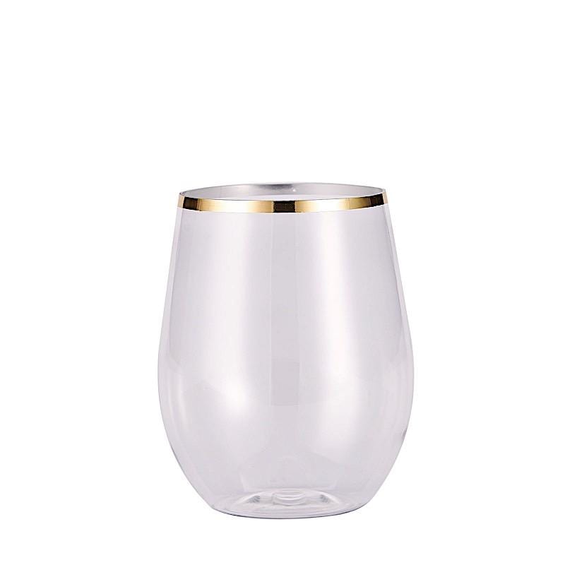 12 Gold Rim 14 oz Disposable Plastic Stemless Wine Glasses