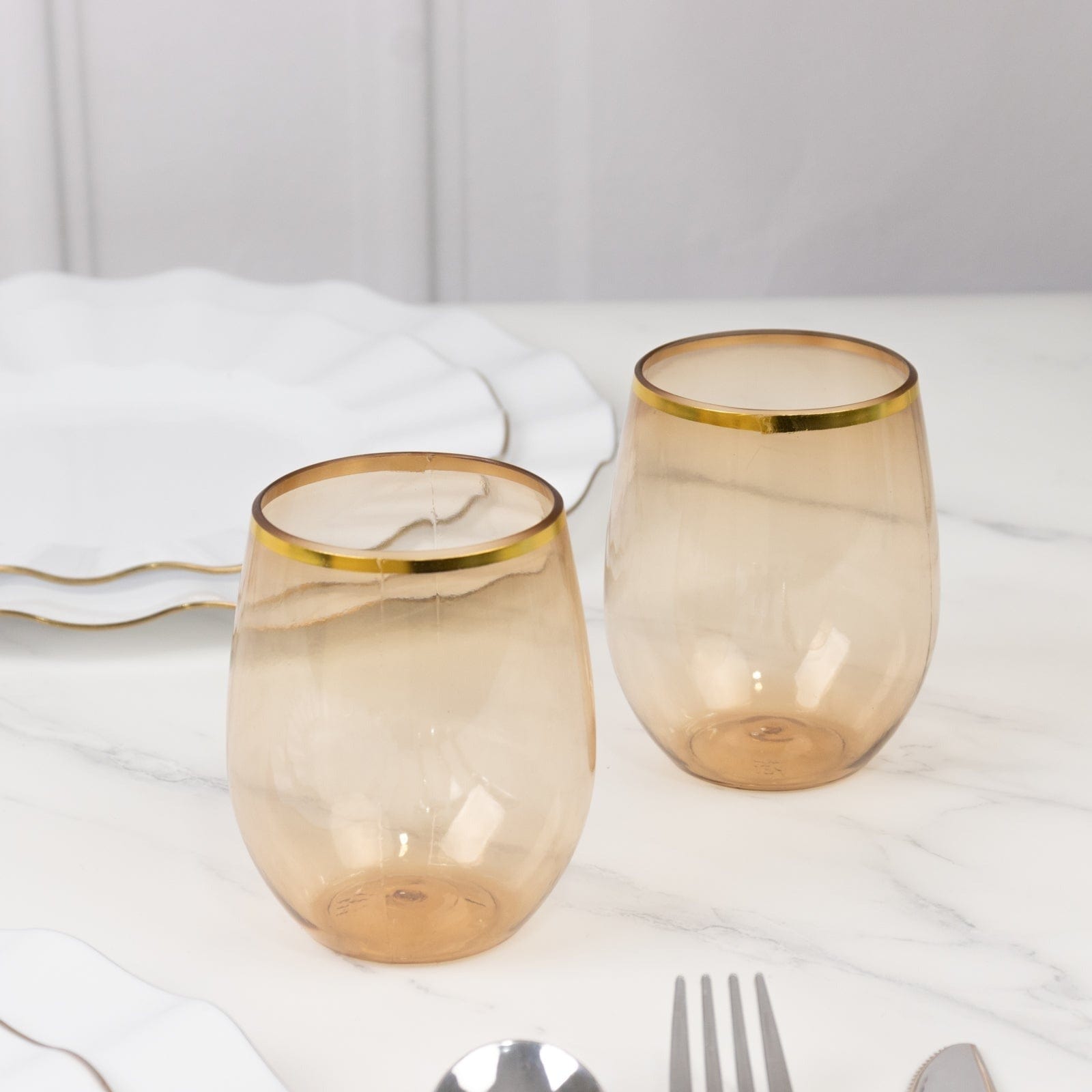 12 Gold Rim 12 oz Disposable Plastic Stemless Wine Glasses