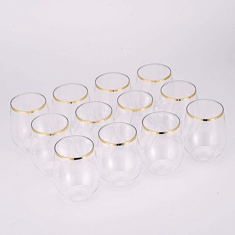 12 Gold Rim 12 oz Disposable Plastic Stemless Wine Glasses