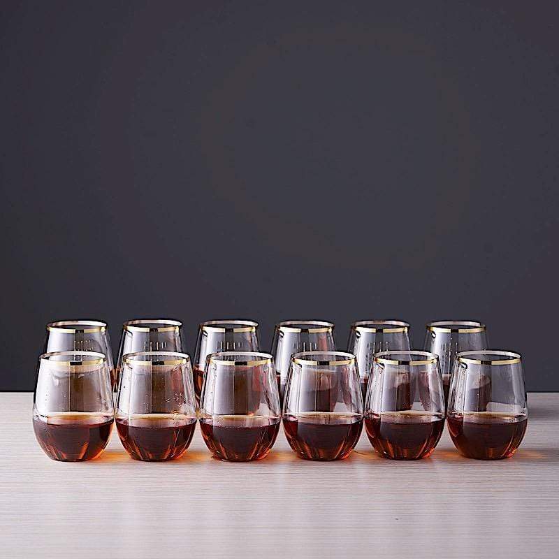 12 Gold Rim 12 oz Disposable Plastic Stemless Wine Glasses