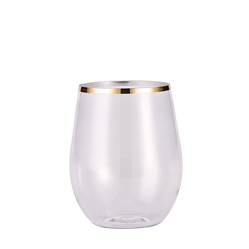 12 Gold Rim 12 oz Disposable Plastic Stemless Wine Glasses