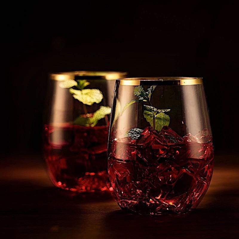 12 Gold Rim 12 oz Disposable Plastic Stemless Wine Glasses