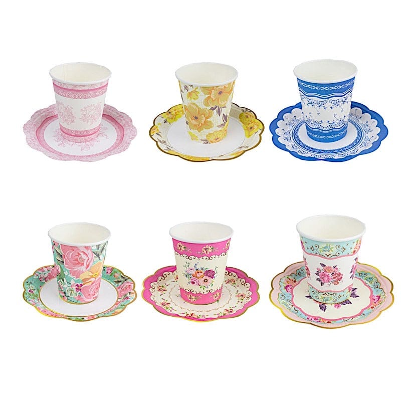 Assorted Cups 24 Assorted Disposable Paper Drinking Cups and Saucers Floral Design ...