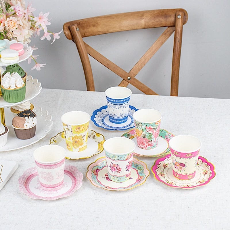 24 Assorted Disposable Paper Drinking Cups and Saucers with Floral Design