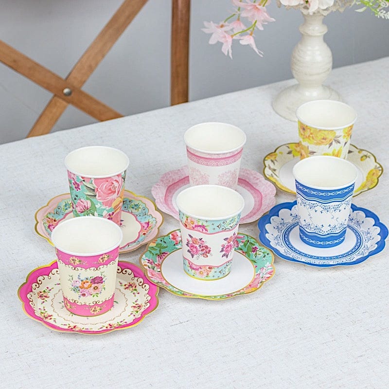 24 Assorted Disposable Paper Drinking Cups and Saucers with Floral Design