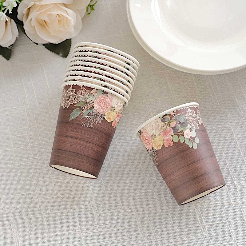 24 Brown Rustic Wood Print Paper Cups with Floral Lace Rim