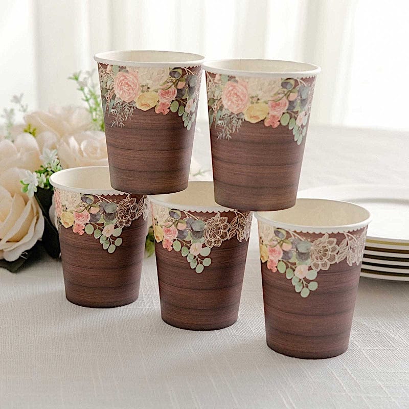 24 Brown Rustic Wood Print Paper Cups with Floral Lace Rim