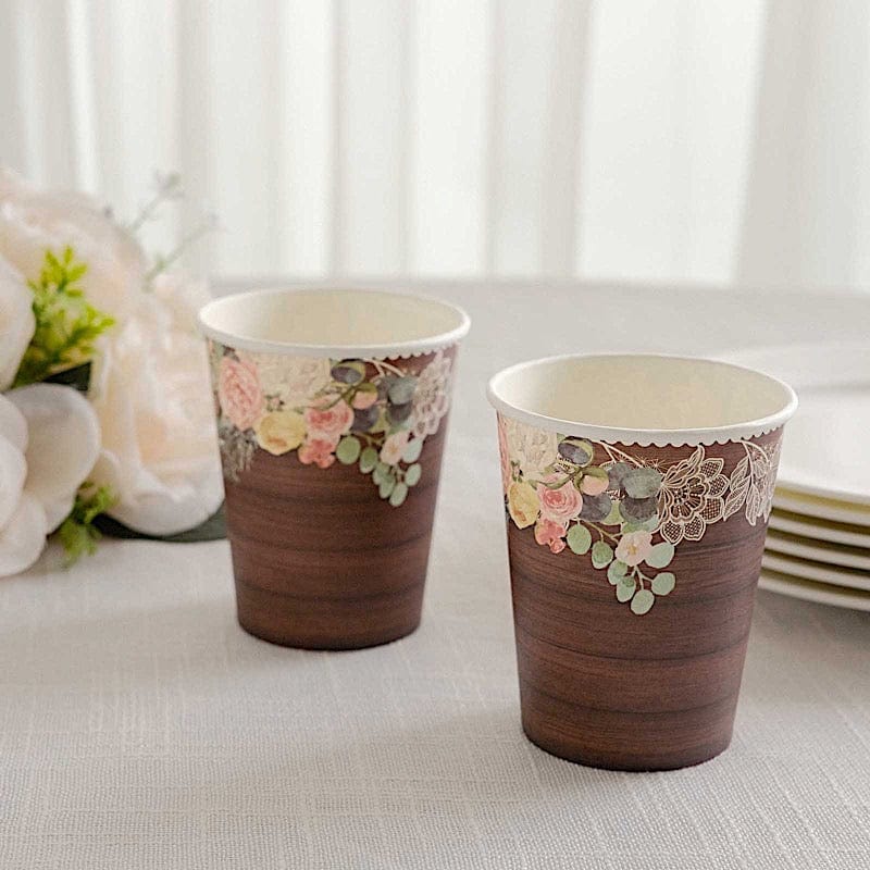 24 Brown Rustic Wood Print Paper Cups with Floral Lace Rim