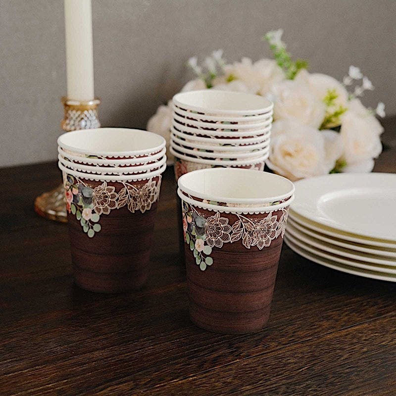 24 Brown Rustic Wood Print Paper Cups with Floral Lace Rim