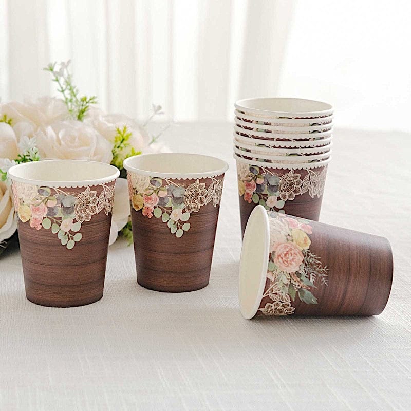 24 Brown Rustic Wood Print Paper Cups with Floral Lace Rim