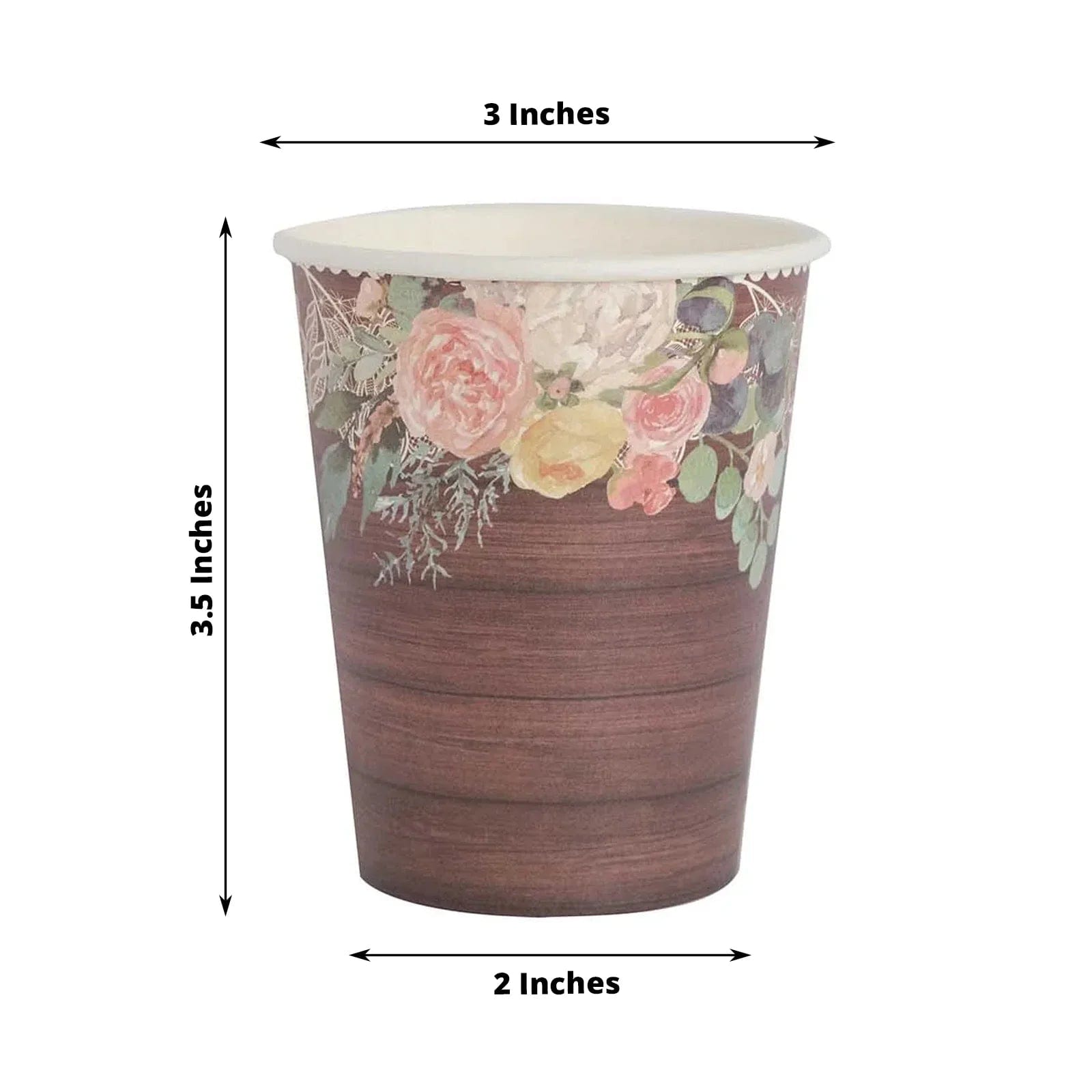 24 Brown Rustic Wood Print Paper Cups with Floral Lace Rim