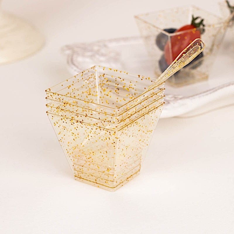 24 Clear 2 oz Disposable Gold Glittered Square Plastic Dessert Cups with Spoons