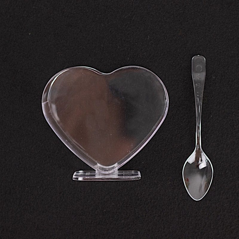 24 Clear 2 oz Heart Shaped Disposable Plastic Dessert Cups with Spoons