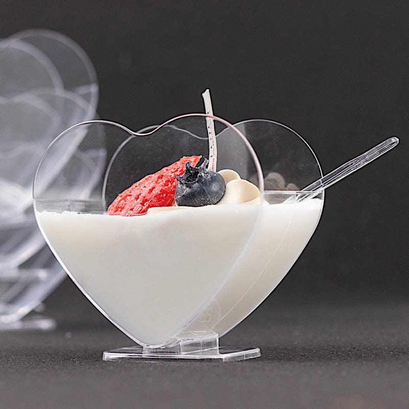 24 Clear 2 oz Heart Shaped Disposable Plastic Dessert Cups with Spoons