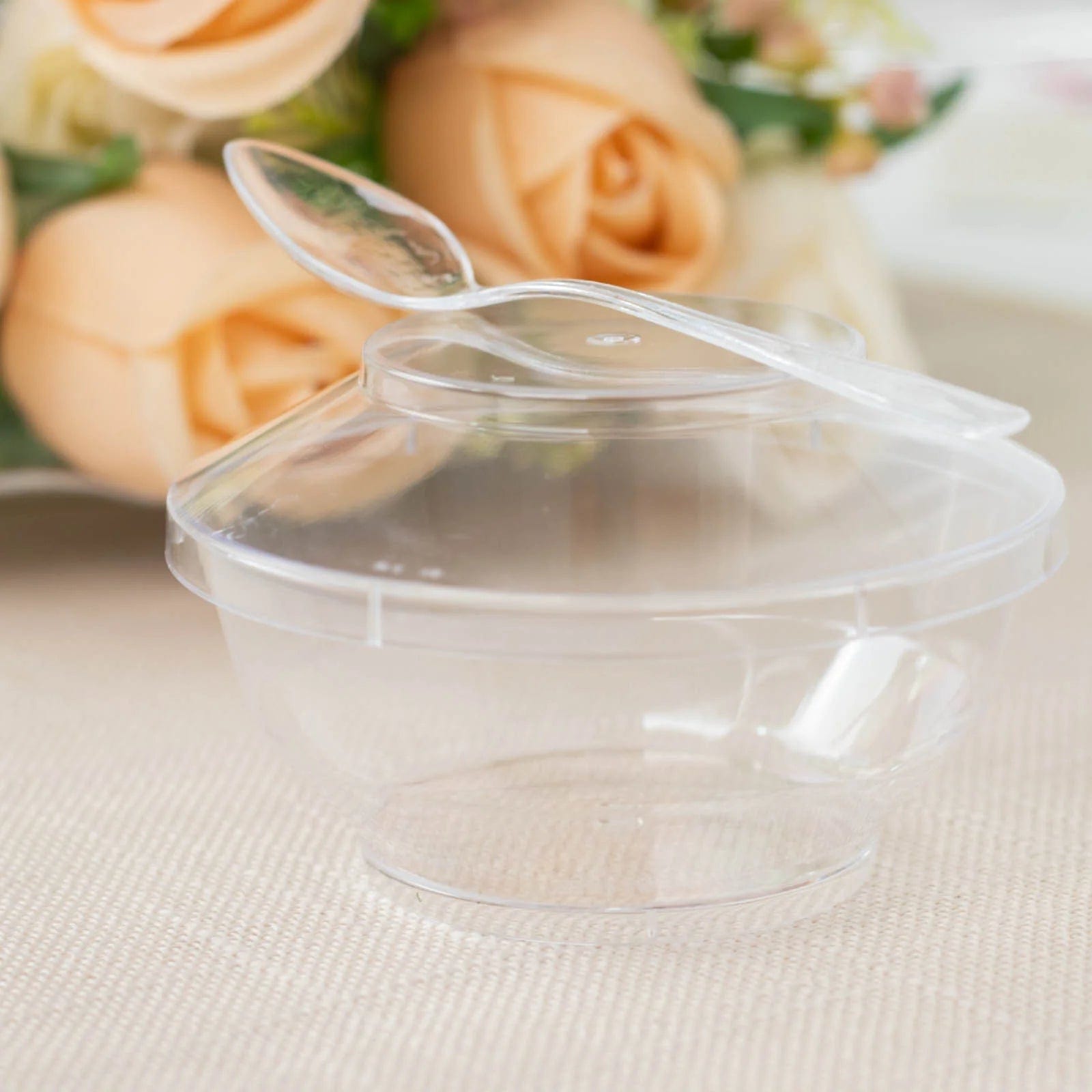 24 Clear 3.5 oz Disposable Round Plastic Dessert Cups with Lid and Spoon Set