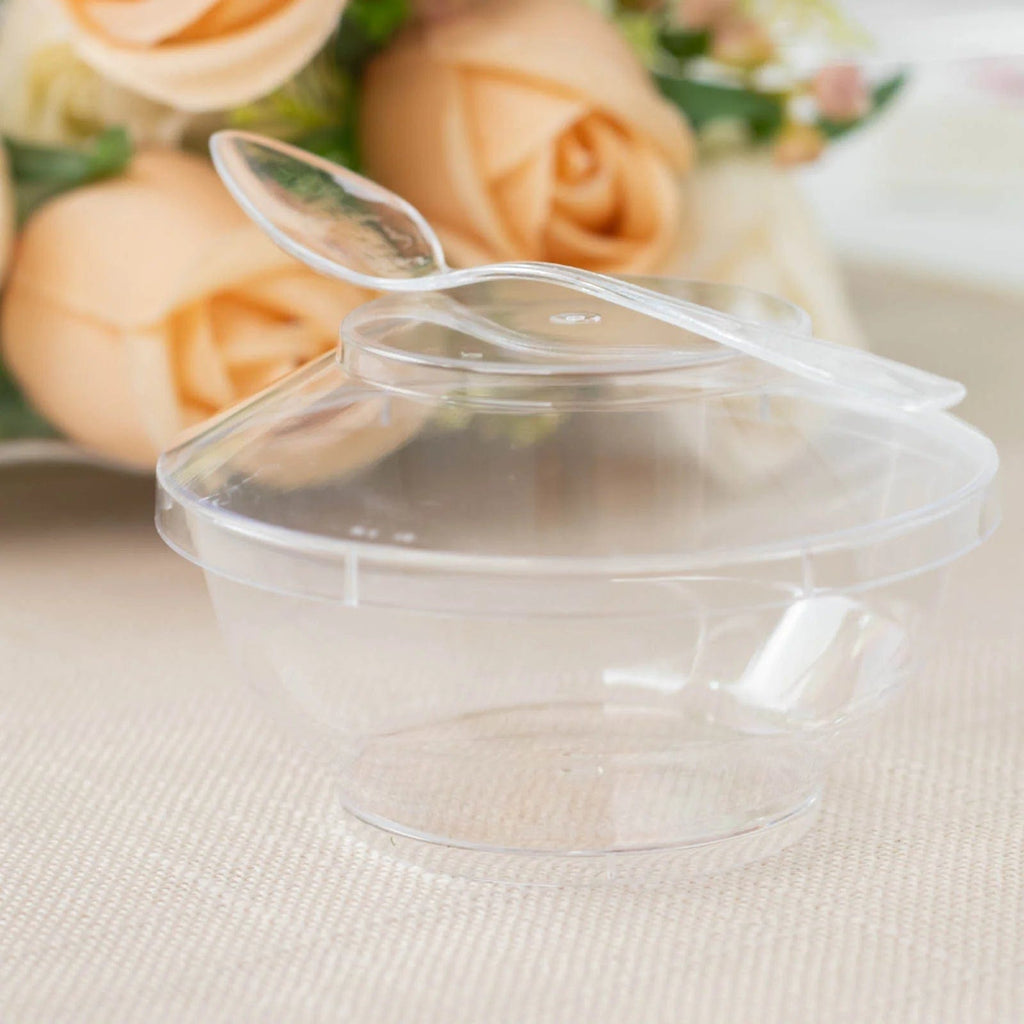 24 Clear 3.5 oz Round Plastic Dessert Cups with Lid and Spoon Set