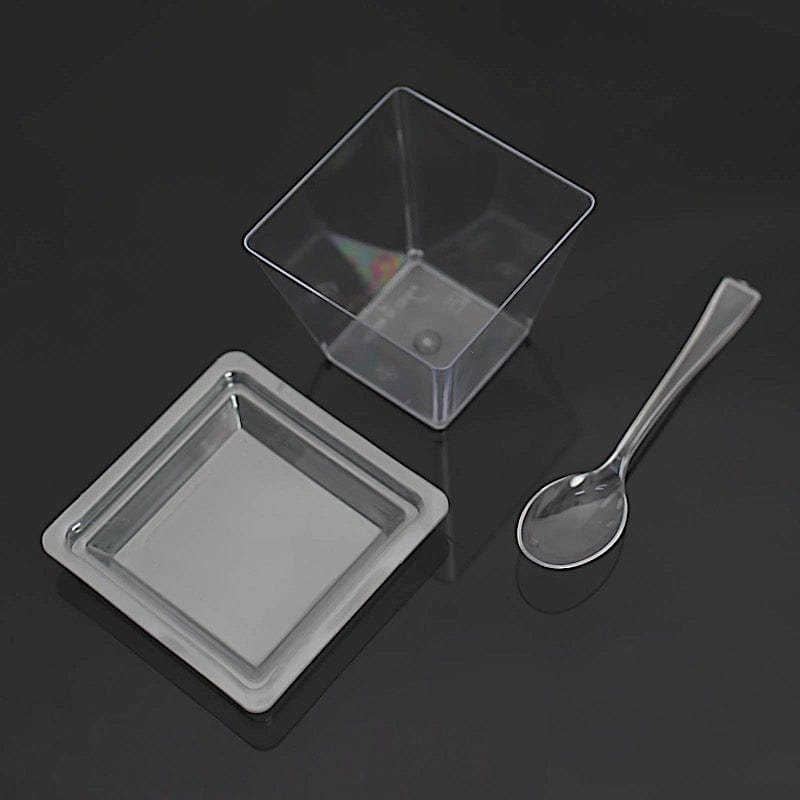 24 Clear 4 oz Disposable Square Plastic Dessert Cups with Lid and Spoon Set
