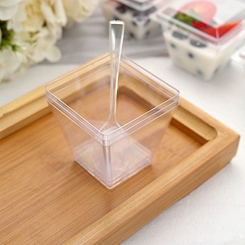 24 Clear 4 oz Disposable Square Plastic Dessert Cups with Lid and Spoon Set