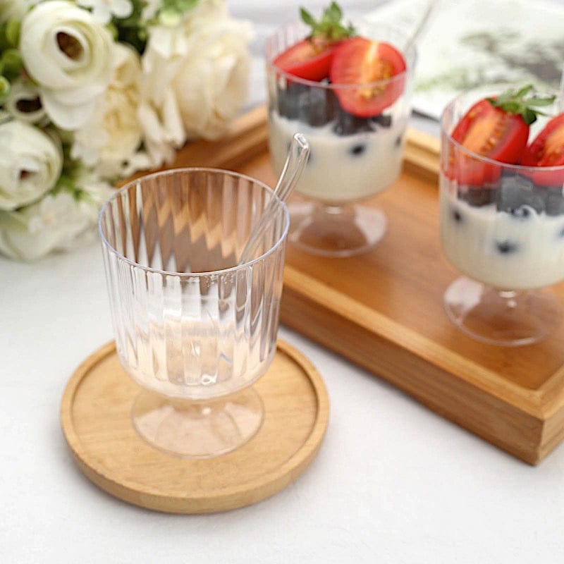 24 Clear 5 oz Disposable Ribbed Round Plastic Dessert Cups with Spoon Set