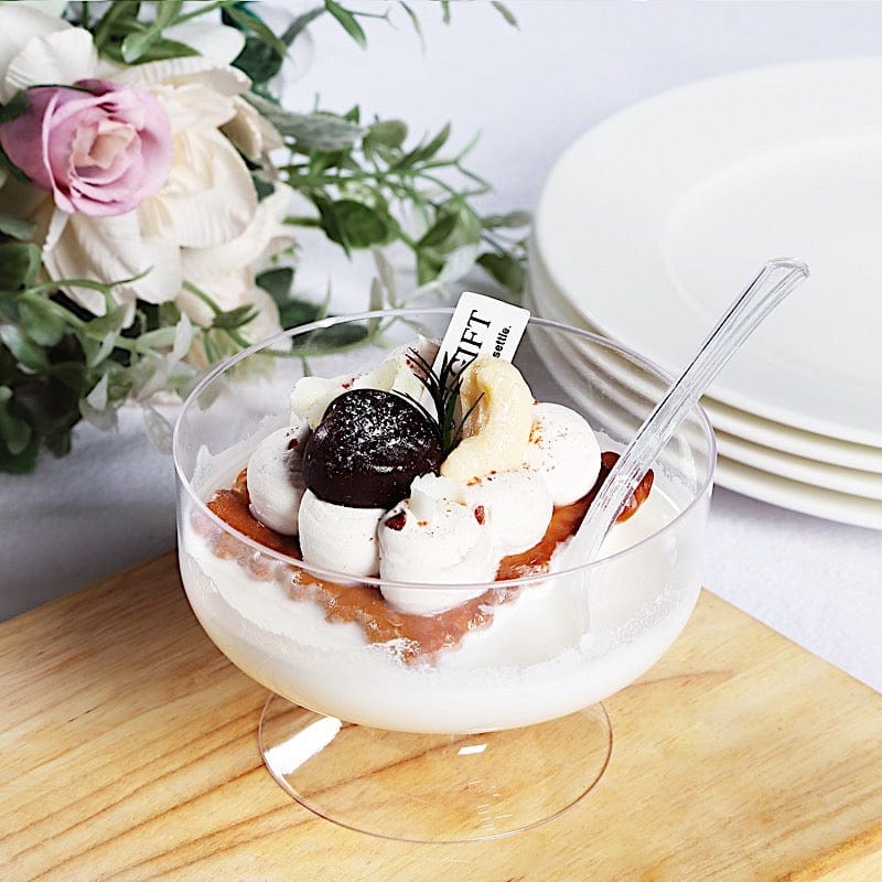 24 Clear 6 oz Disposable Footed Plastic Dessert Cups with Spoons