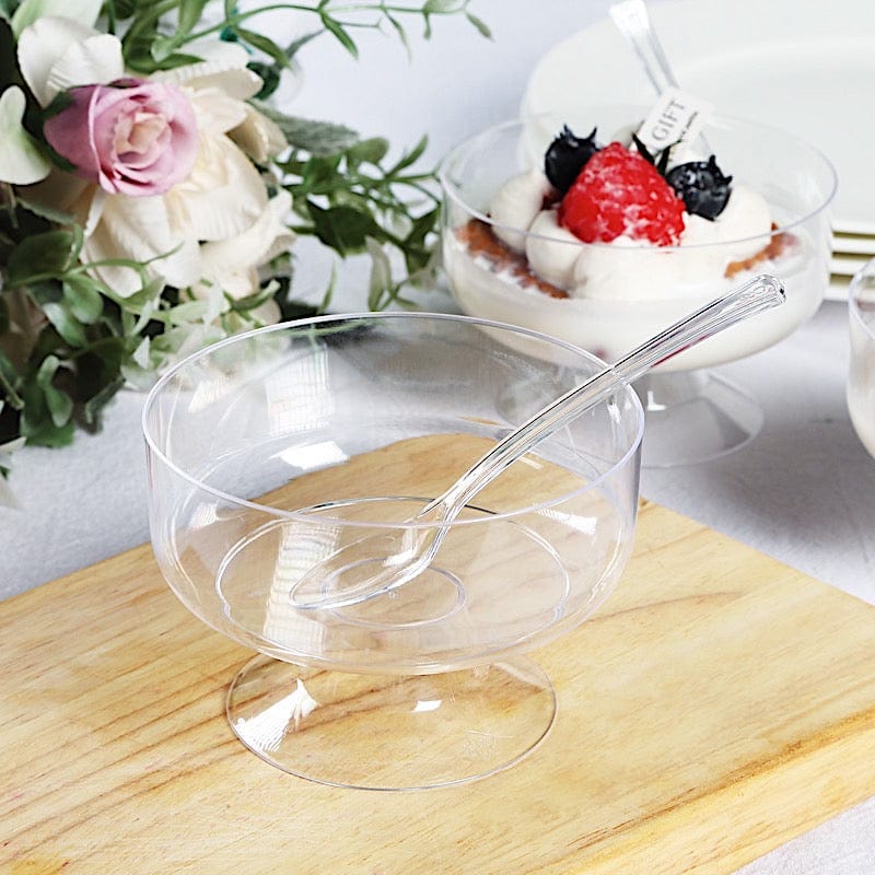 24 Clear 6 oz Disposable Footed Plastic Dessert Cups with Spoons