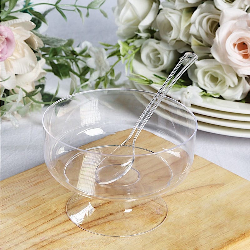 24 Clear 6 oz Disposable Footed Plastic Dessert Cups with Spoons