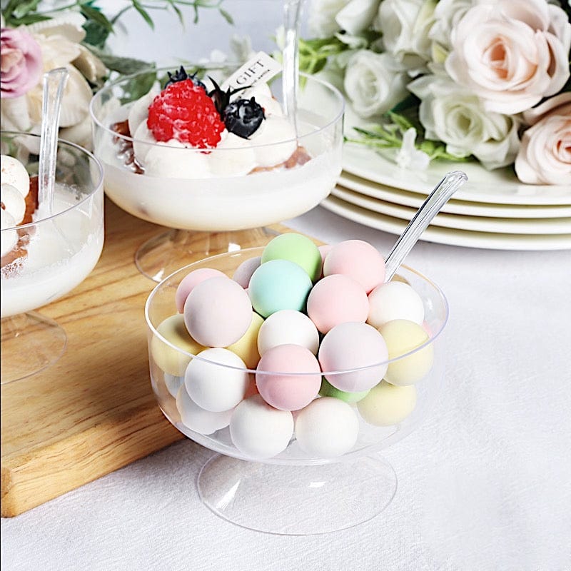 24 Clear 6 oz Disposable Footed Plastic Dessert Cups with Spoons