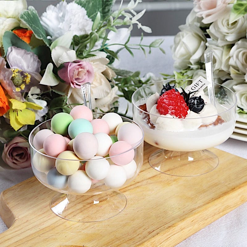 24 Clear 6 oz Disposable Footed Plastic Dessert Cups with Spoons
