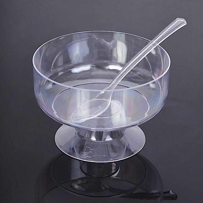 24 Clear 6 oz Disposable Footed Plastic Dessert Cups with Spoons