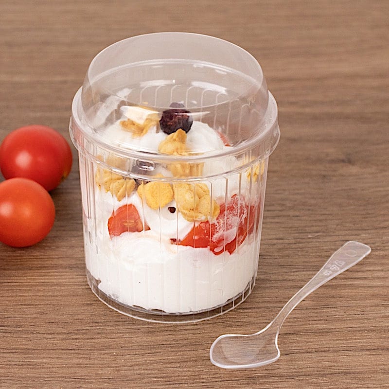 24 Clear Ribbed Plastic Fruit Dessert Cups 5 oz with Lids and Spoons