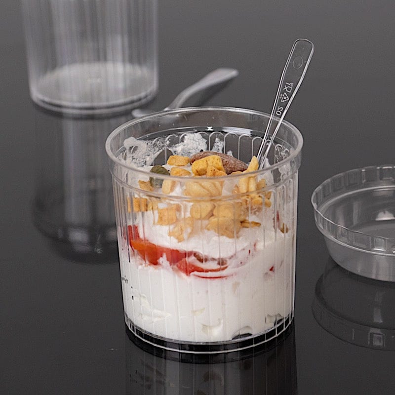 24 Clear Ribbed Plastic Fruit Dessert Cups 5 oz with Lids and Spoons