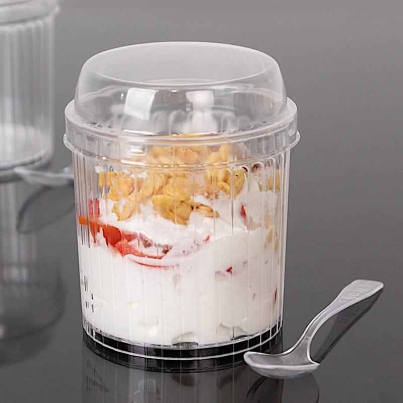 24 Clear Ribbed Plastic Fruit Dessert Cups 5 oz with Lids and Spoons