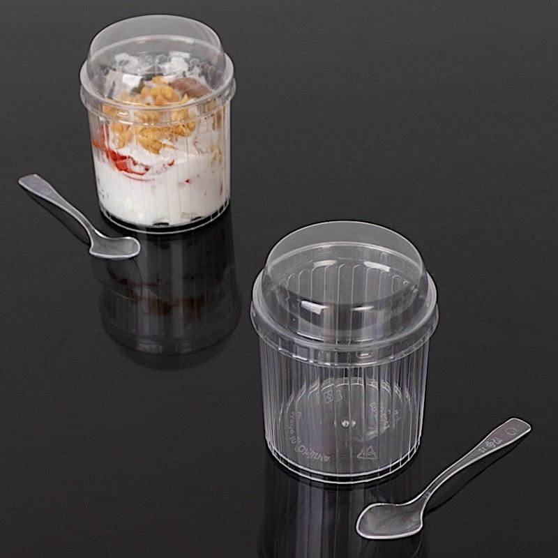 24 Clear Ribbed Plastic Fruit Dessert Cups 5 oz with Lids and Spoons