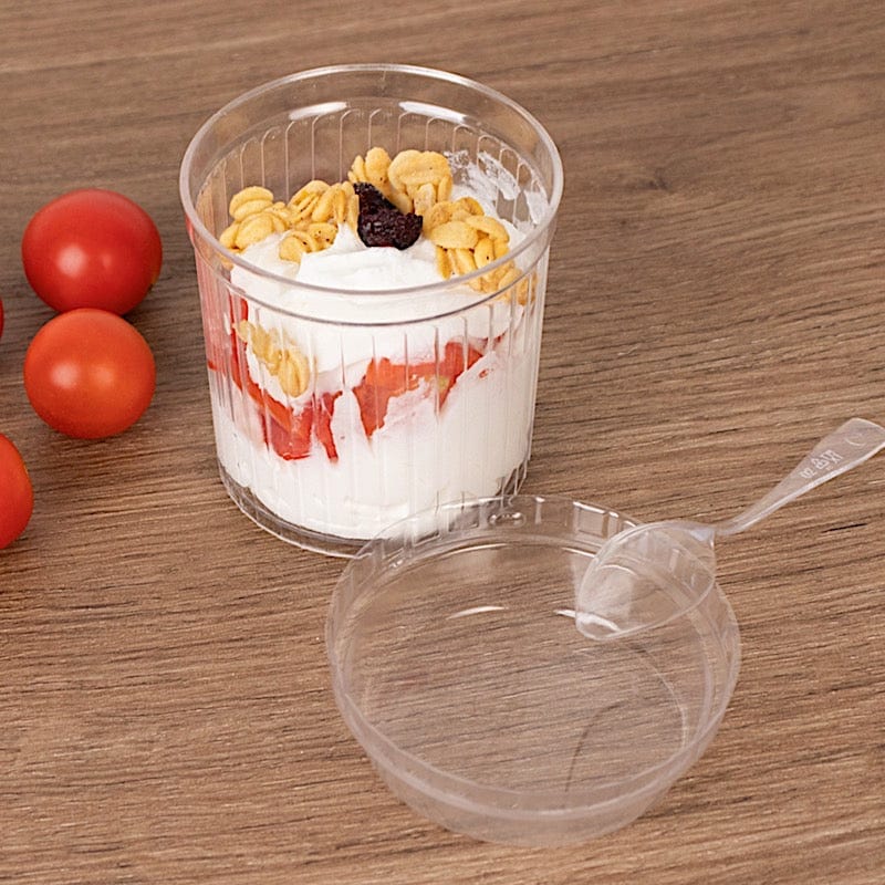 24 Clear Ribbed Plastic Fruit Dessert Cups 5 oz with Lids and Spoons