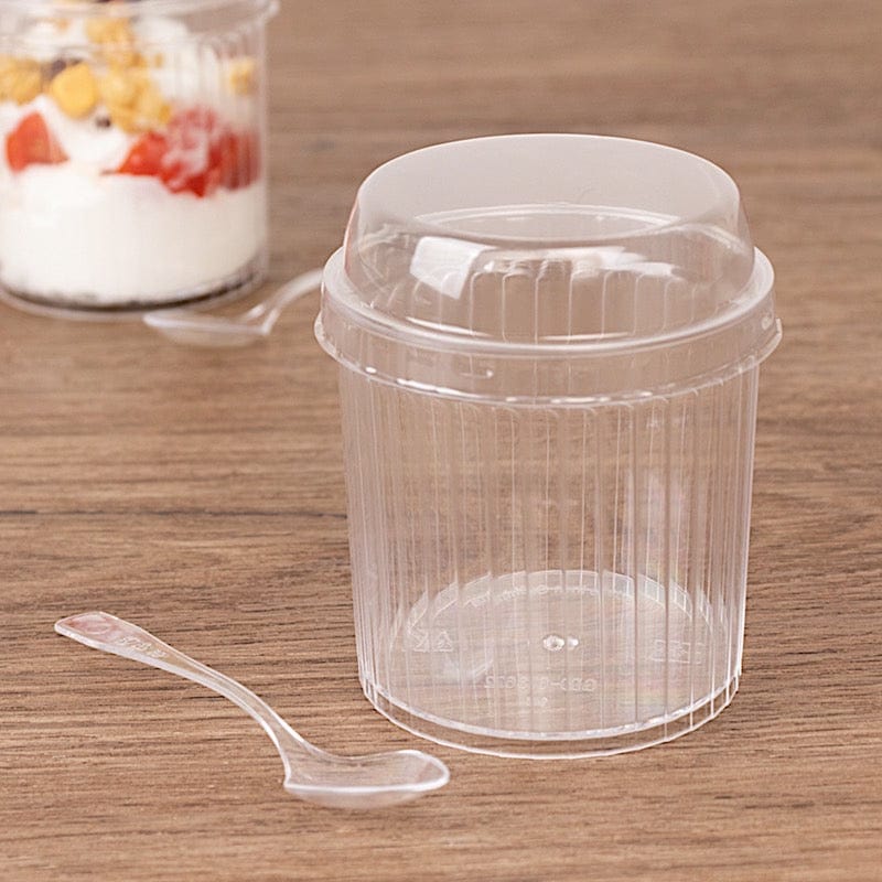 24 Clear Ribbed Plastic Fruit Dessert Cups 5 oz with Lids and Spoons