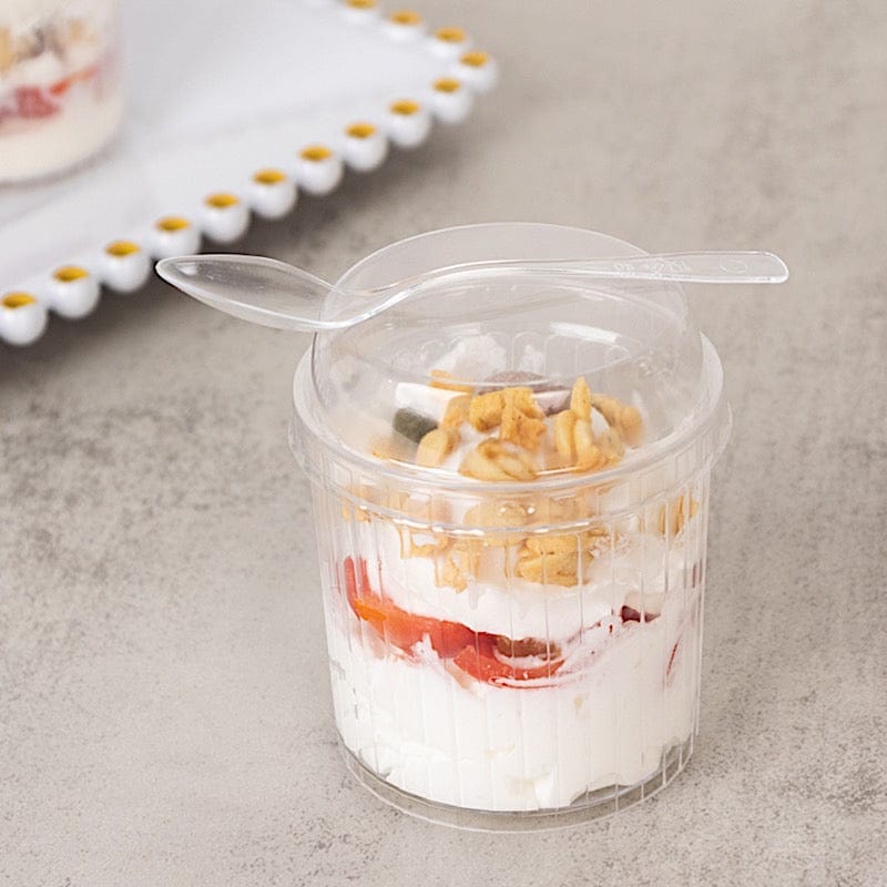 24 Clear Ribbed Plastic Fruit Dessert Cups 5 oz with Lids and Spoons