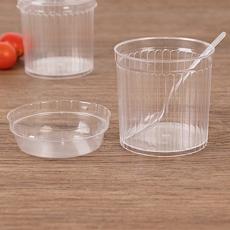 24 Clear Ribbed Plastic Fruit Dessert Cups 5 oz with Lids and Spoons